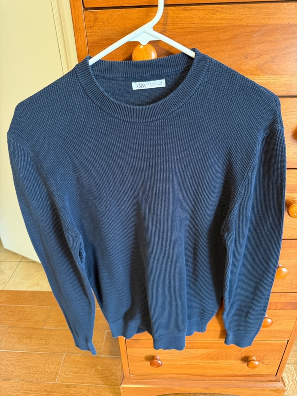 Zara Men's Dark Navy Textured Crewneck Sweater